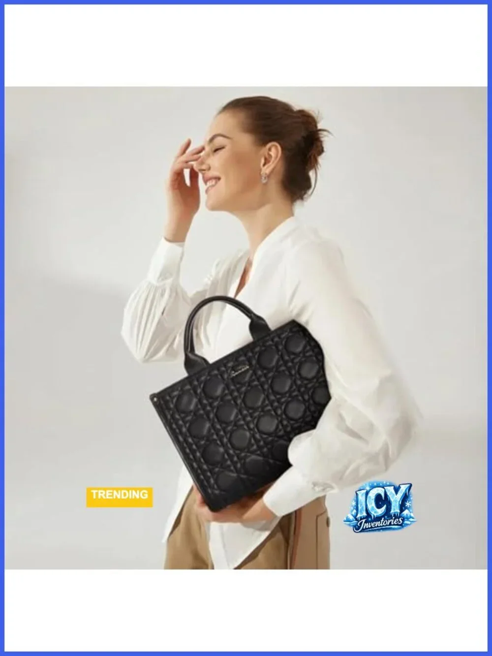 Black PU Leather Top Handle Handbag Shoulder Bag with Rattan Embroidery